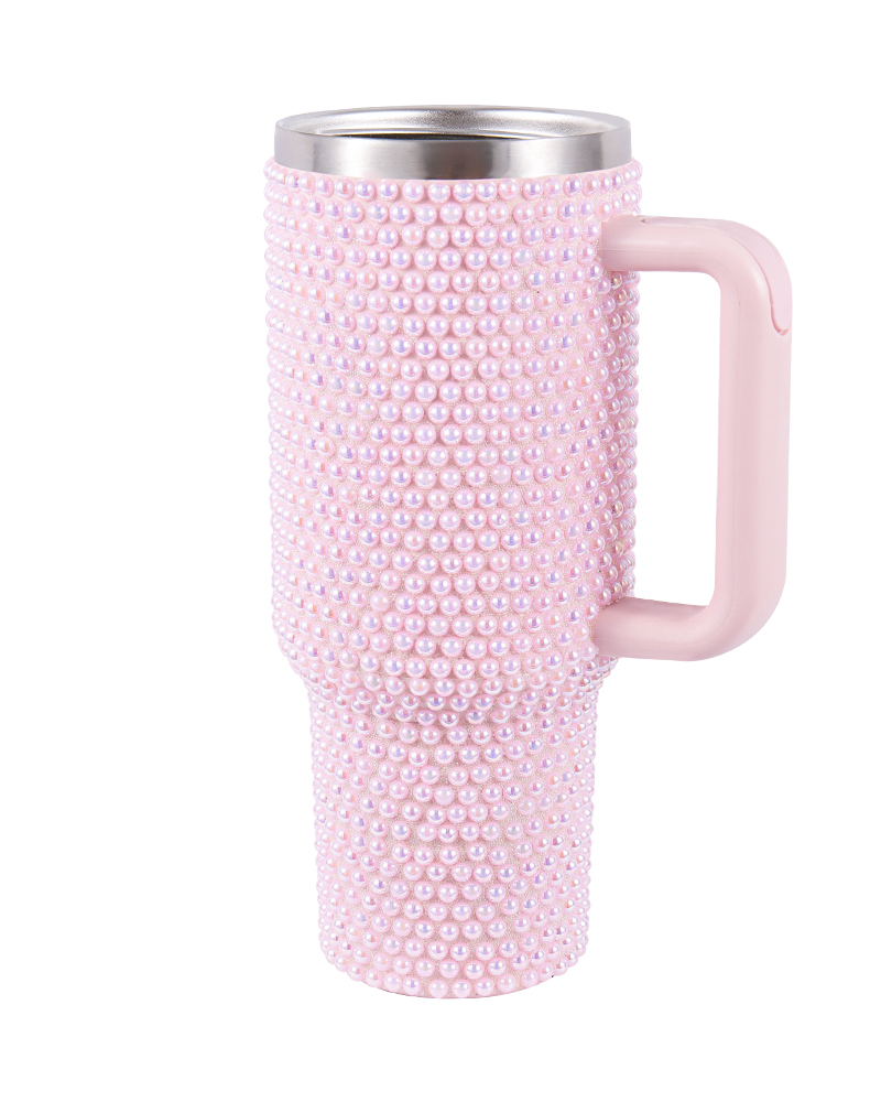Pearl-Embellished Large-Capacity Stainless Steel Travel Car Mug