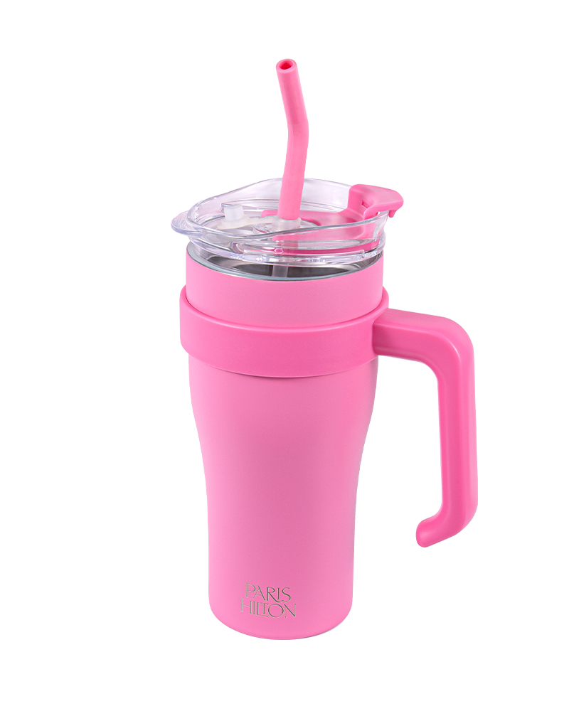 Stainless Steel Car Mug with Straw & Flip-Top Drinking Lid and Detachable Handle
