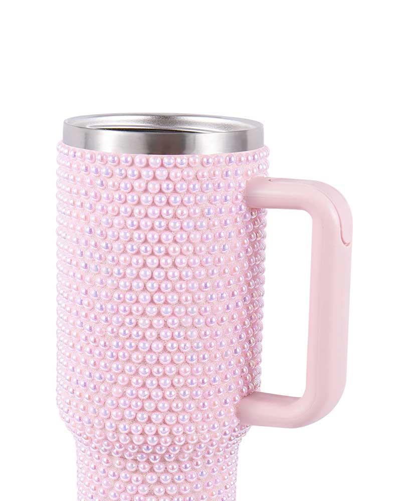 Pearl-Embellished Large-Capacity Stainless Steel Travel Car Mug